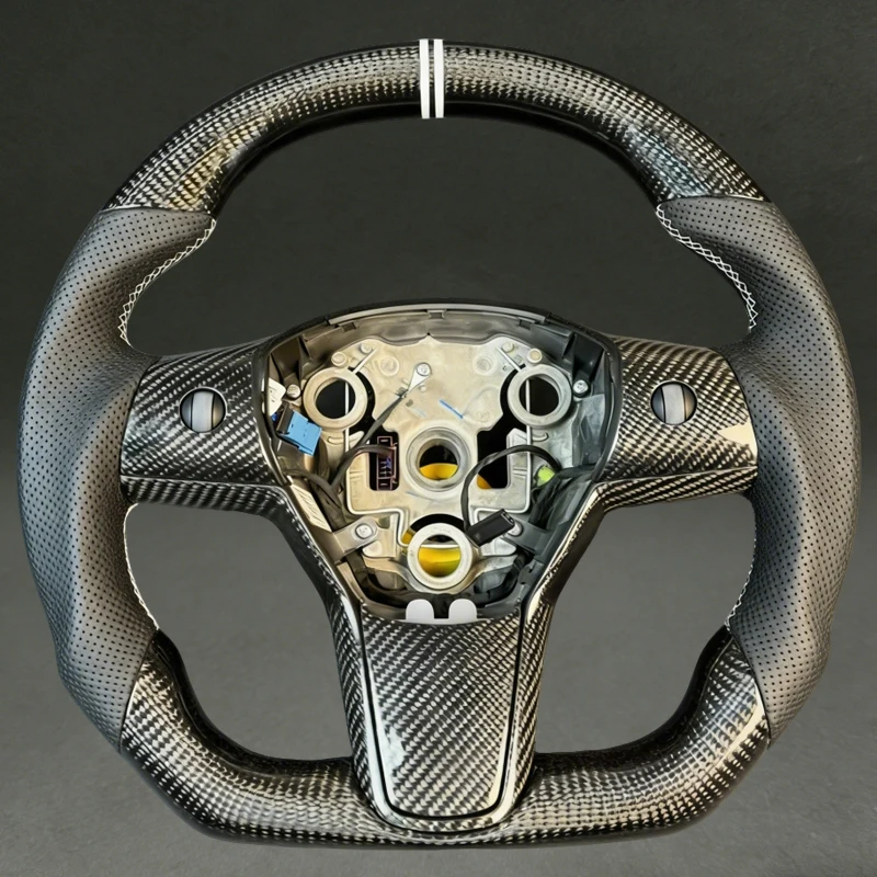 Customizable Center Line Steering Wheel for Tesla Model 3 Real Black Carbon Fiber with Perforated Leather for Tesla Model 3 New