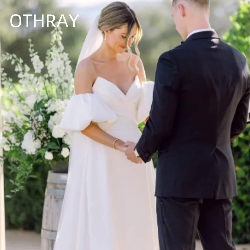 Othray Strapless Sweetheart A Line Boho Simple Bridal Gown Satin Puffy Sleeves Wedding Dresses for Women Long with Slit Beach