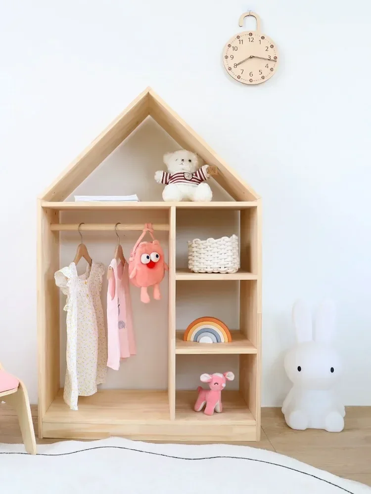 Children's Wardrobe Storage Cabinet Simple Solid Wood Furniture Hanging Shelf Baby Closet Clothes Cabinet Storage Locker