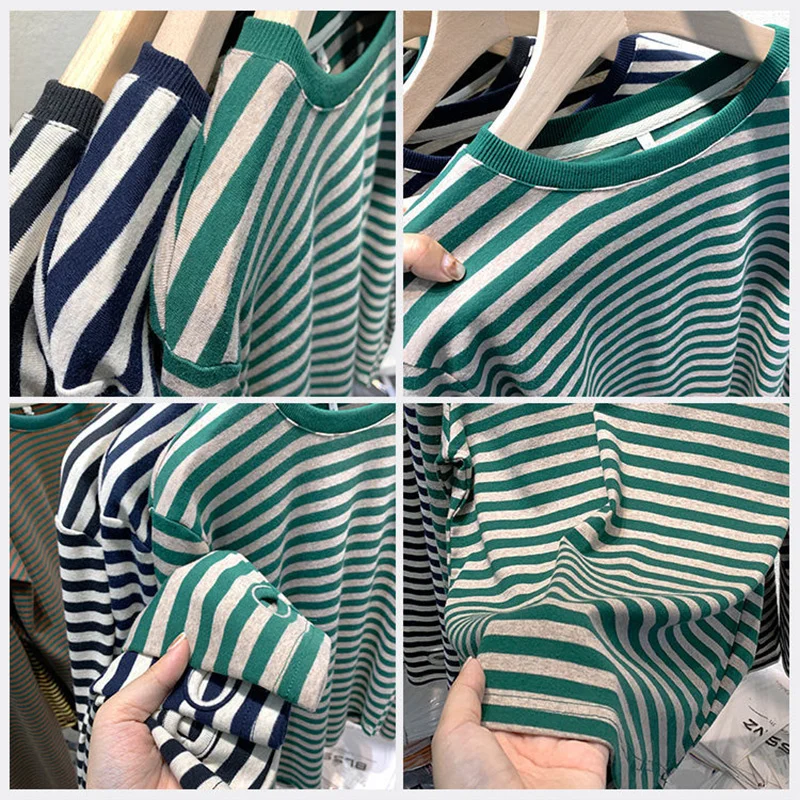 Green Stripe Women\'s Hot New Korean Cotton 2022 Loose Casual Basewear Striped Long Sleeve Tops All Match Basic Oversized Sweater