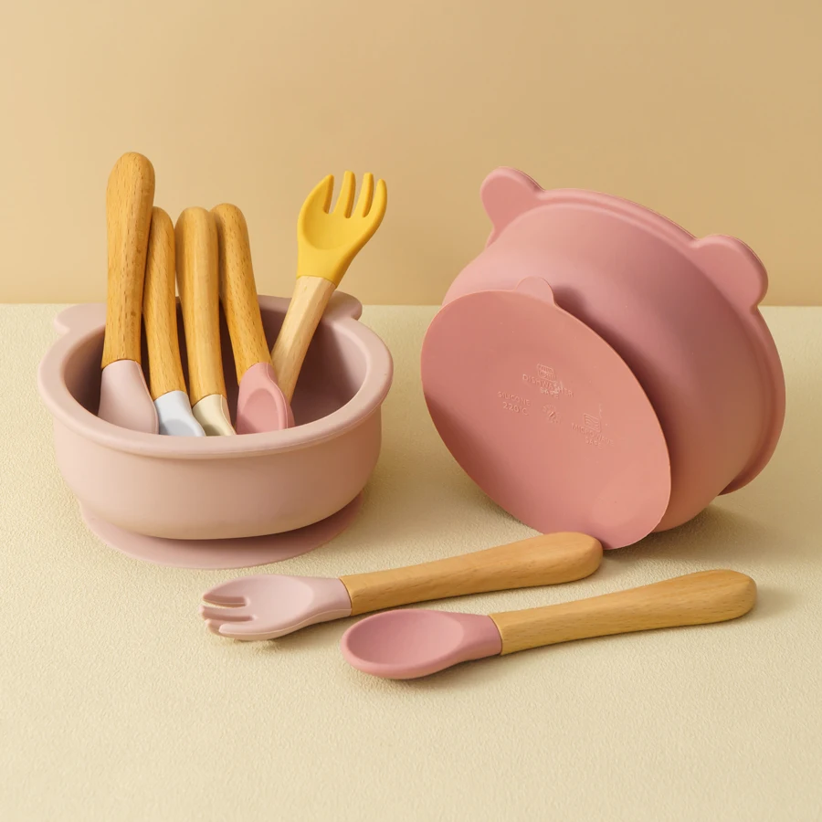 3PCS Baby Silicone Tableware Wooden Handle Spoon Fork Feeding Sucker Bowl Training Learning Baby Stuff Non-Slip Baby Dinner Set