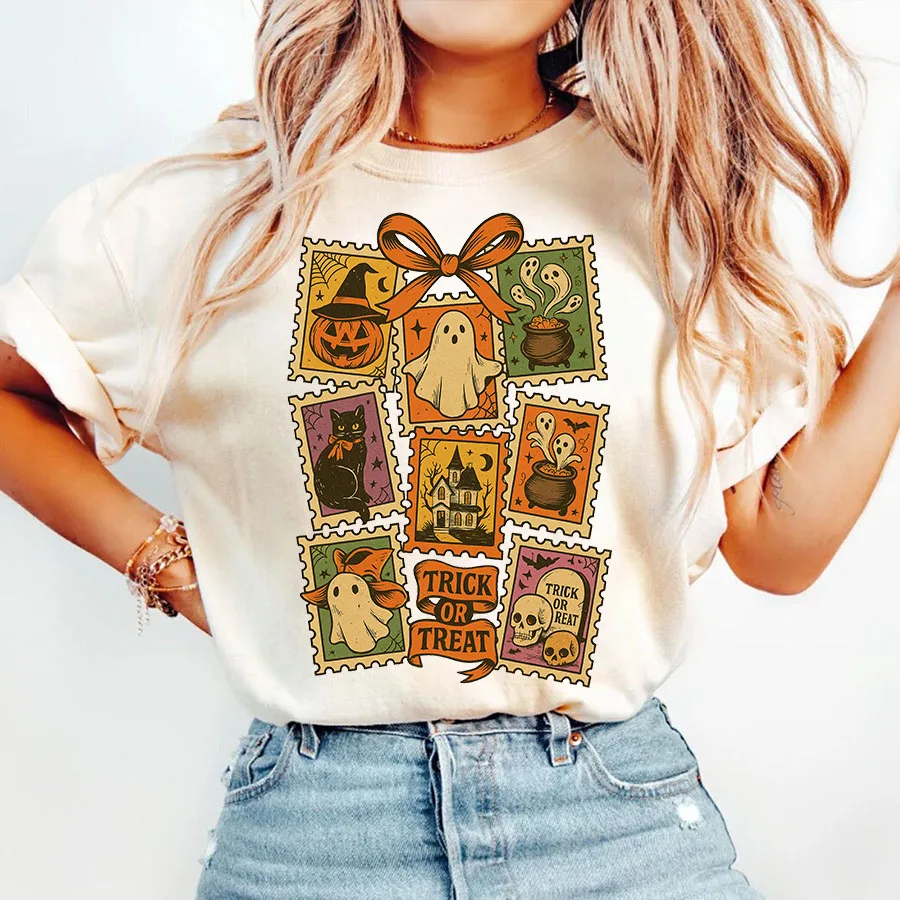 

Vintage Halloween Cat Ghost Printed Tshirt Women Summer Cat T-shirt Funny Fashionable Casual Round Neck Short Sleeved Tees