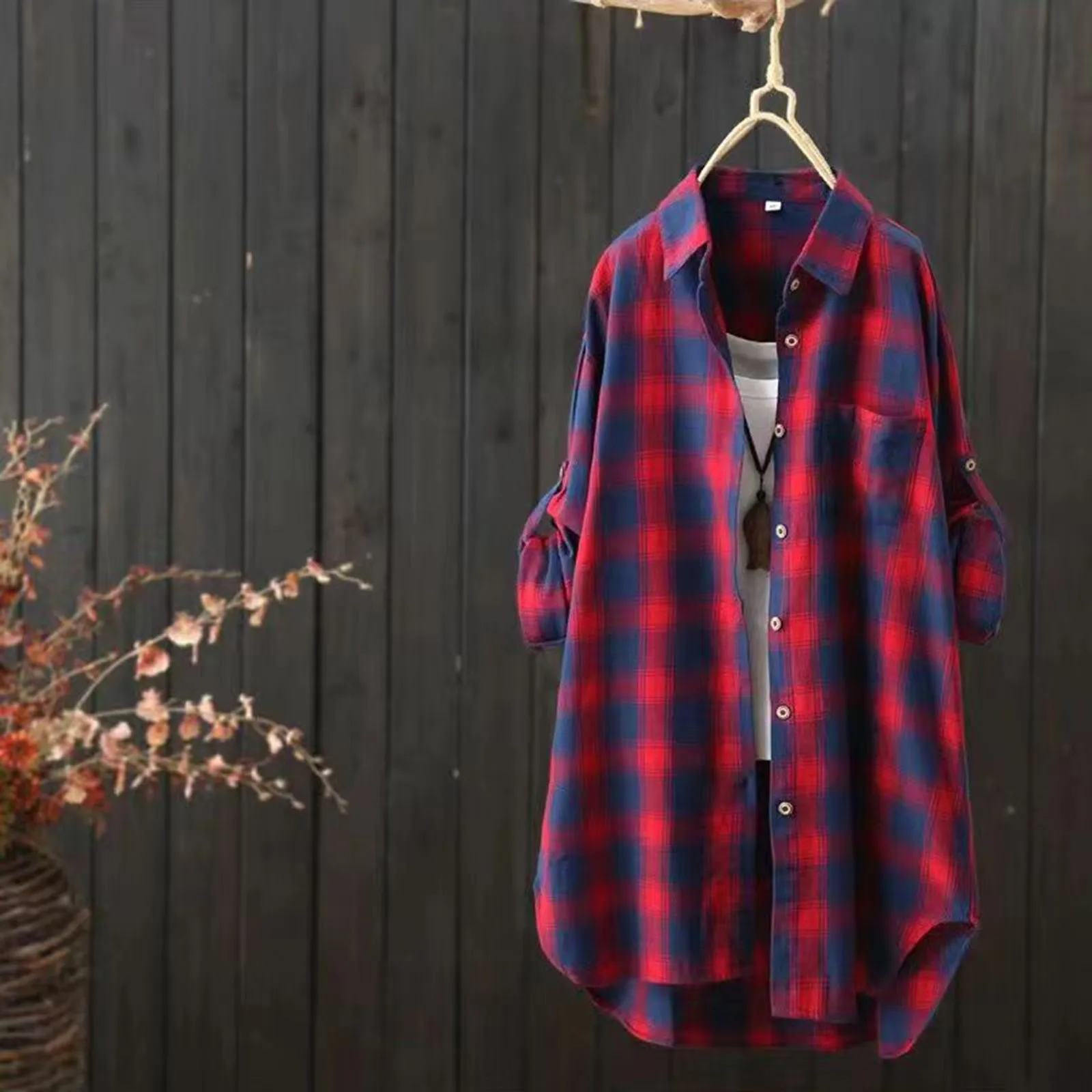 Plaid long-sleeved lapel blouse jacket female 2024 spring and fall Korean version loose oversize casual medium-length shirt