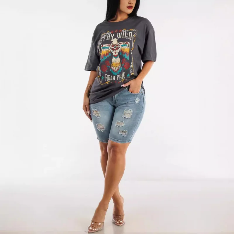 Szorty jeansowe z wysokim stanem dla kobiet w Europie i Ameryce Nowość 2025 Nowe elastyczne spodnie wyszczuplające Slim Fit Hip Raise Short-Length Pants