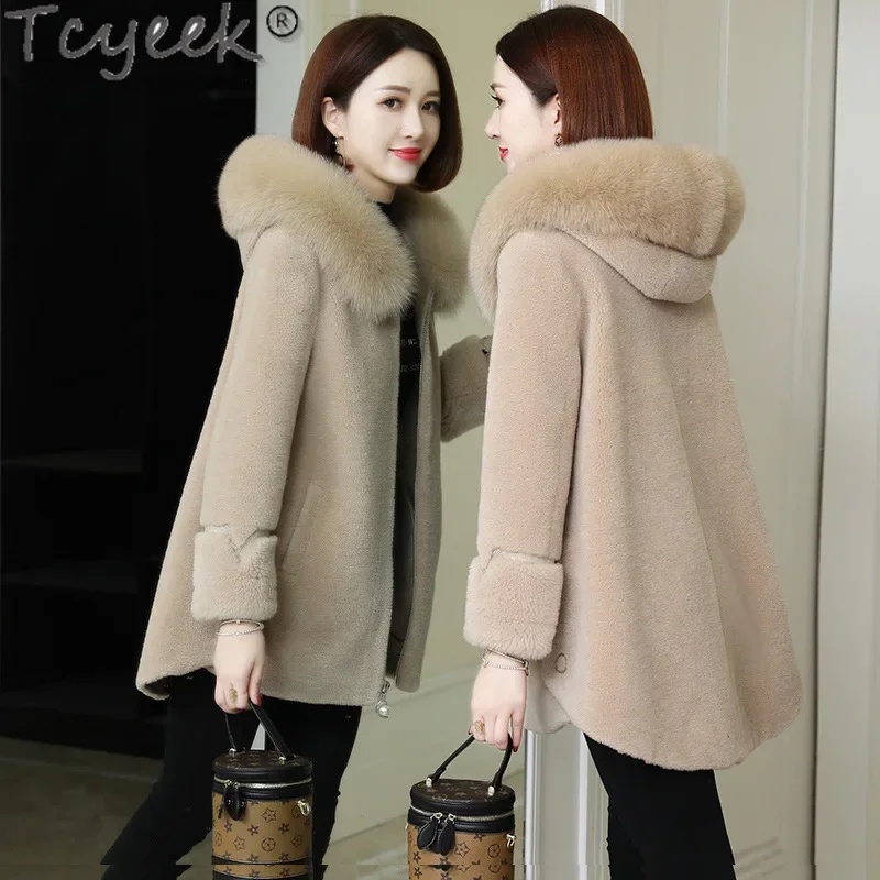 Tcyeek 100% Wool Jacket Grain Sheep Shearling Coats Winter Jackets for Women Warm Fox Fur Collar Mid-length Women's Fur Coat