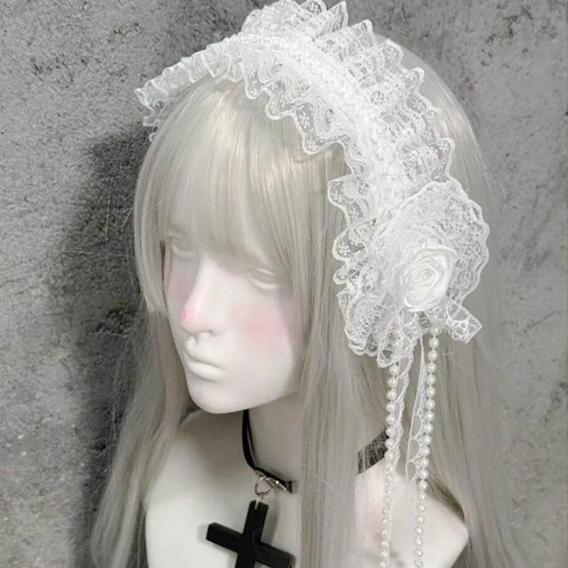 

Gothic Lolita Lace Headband with Rose Flower Pearl Tassel Black White Frilled Headdress for Women Cosplay Party Hair Accessories