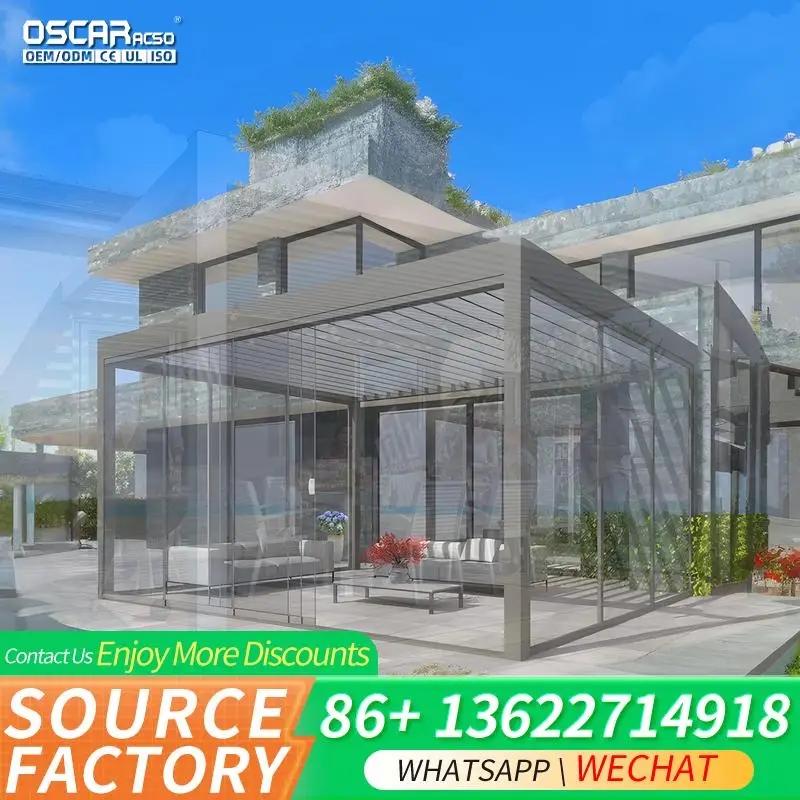Sliding Transparent Glass Door Foldable Blinds Polycarbonate Sides Screened Gazebo for Backyard Patio Garden pergola
