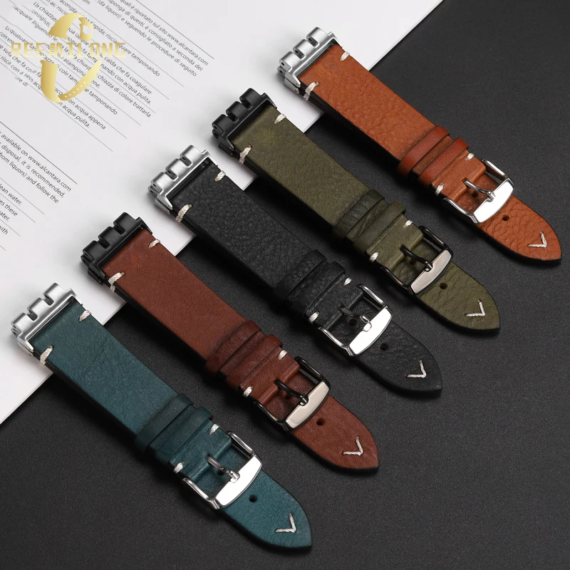 Cowhide lea/ther watch strap 21mm Triple convex joint black dark brown blue green men watchband For SWATCH IRONY CHRONO Browned