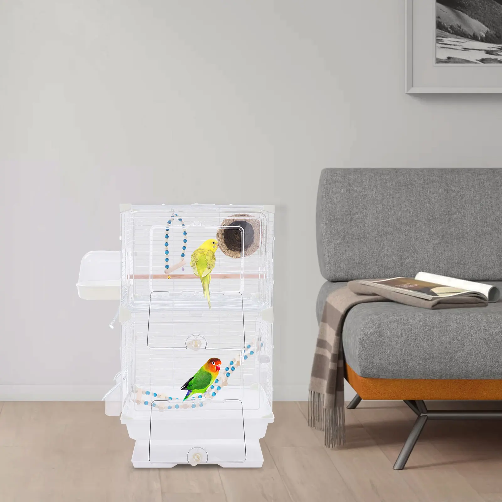 

White Iron 40*28*63cm Double-deck Landscape Bird Cage Flying Feather Cage Double-deck Large Space Pet Bird Cage