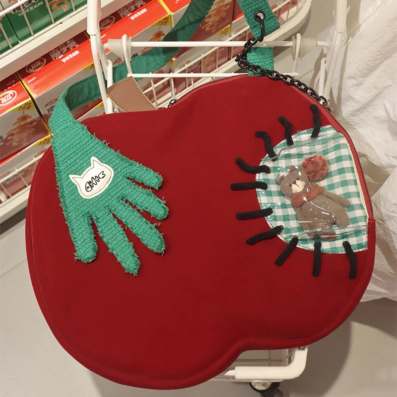 Women Vintage Apple Green Palm Handbag Large Capacity Festival Crossbody Shoulder Bag Transparent Layer Design Cute Bear Pendant