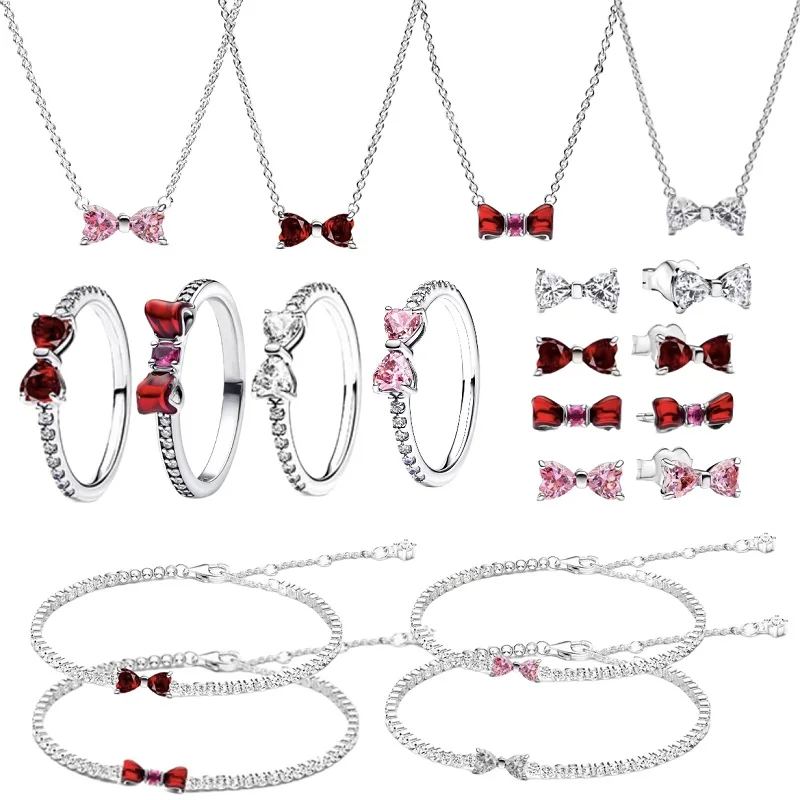 

Очаровательный Новый 100% стерлингового серебра 925 пробы, темпераментные серьги с бантом, комплект браслетов, женские романтические украшения, подарок на День святого Валентина