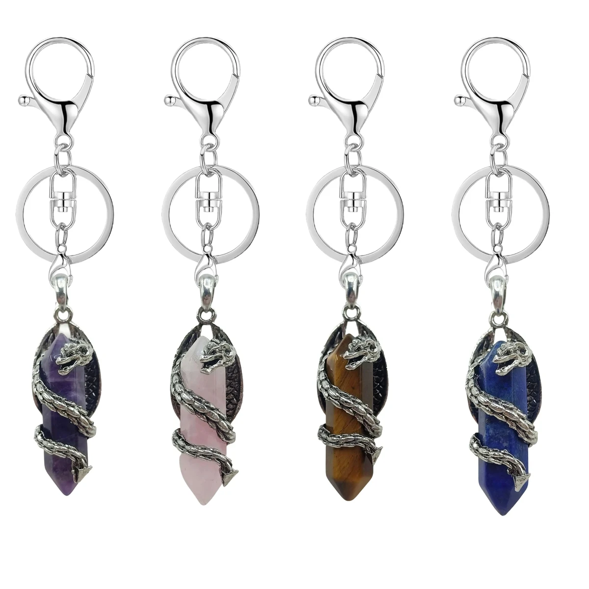 Fashion Hexagonal Prism Wrapped Dragon Keychain for Women Men Healing Chakra Crystal Point Energy Amulet Pendant Keyring Jewelry