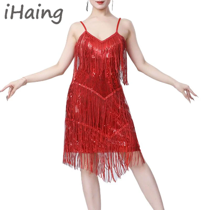 

Women's Sequins Latin Ballroom Dance Dress Adult 1920s Gatsby Tassel Competition Dresses Stage Practice Costume Dancewear Suit
