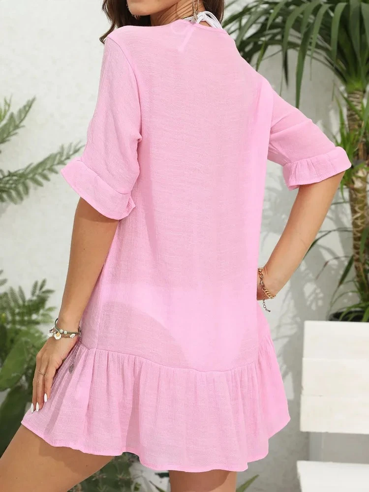Women Ruffle Short Sleeve Sexy Bikini Cove Up V Neck Lady Beach Dress Loose Solid Brazilian Swimsuit Cover-Ups