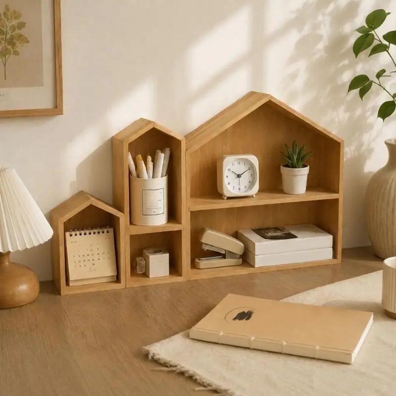 Wooden Desk Storage Shelf with House Open Tabletop Rack for Pens, Cards, Small Books, Display Pieces and Supplies JOMD
