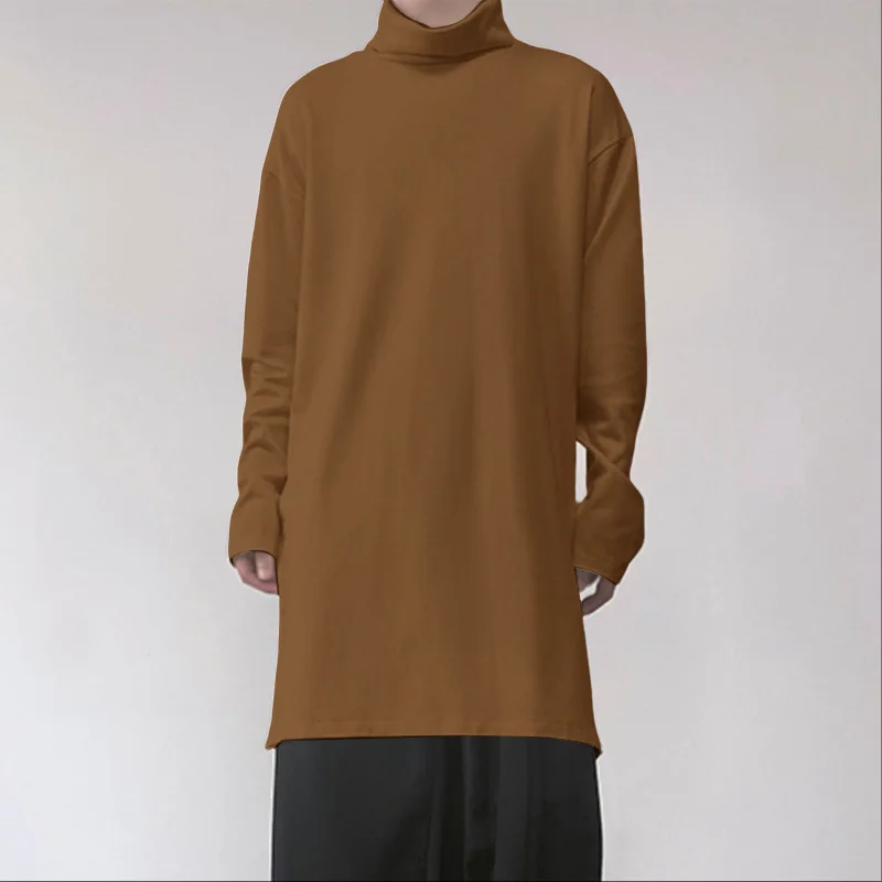 

INCERUN Men Long Style T Shirt Turtleneck Long Sleeve Solid Color Male Tee Tops Streetwear 2025 Fashion Casual Men Clothing