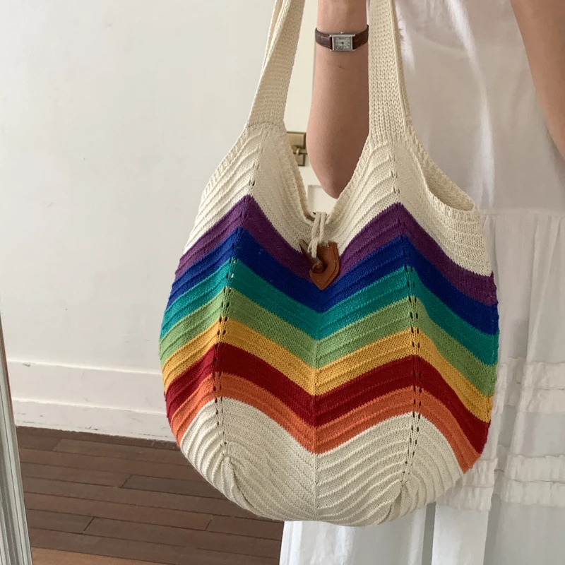 2026 Summer Travel Market rainbow Shopping Crochet Beach Tote Bag Vacation Shoulder Bag with Colorblock Design Openwork Knit