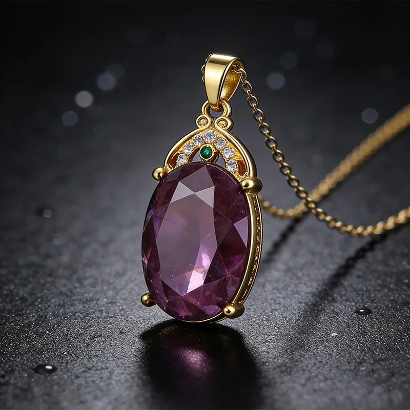 Romantic Violet Light Luxury Zircon Pendant Necklace with Retro Water Drop Design Highlighting Charm