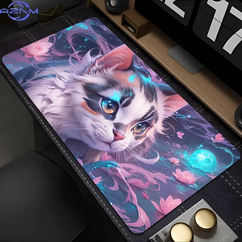 Fantasy Glowing Cat with Lotus Flower Large Desk Mat, Kawaii Anime Gaming Mouse Pad Non-Slip Lock Edge