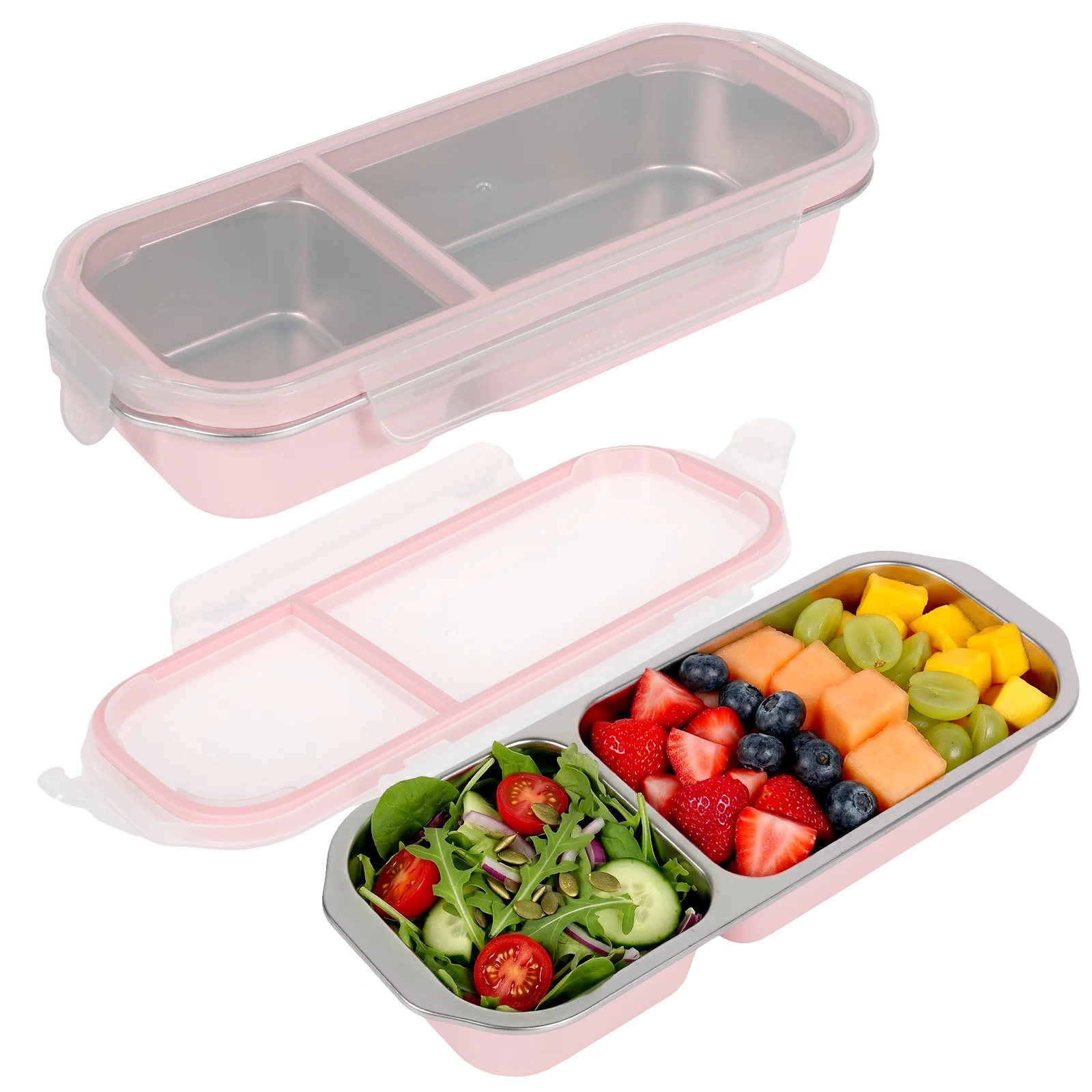 2er-Pack Edelstahl Snackbox mit Unterteilungen Auslaufsicher mit Deckel Lebensmittel-Aufbewahrungsbehälter Stapelbare Bento-Box für Arbeit und Reisen