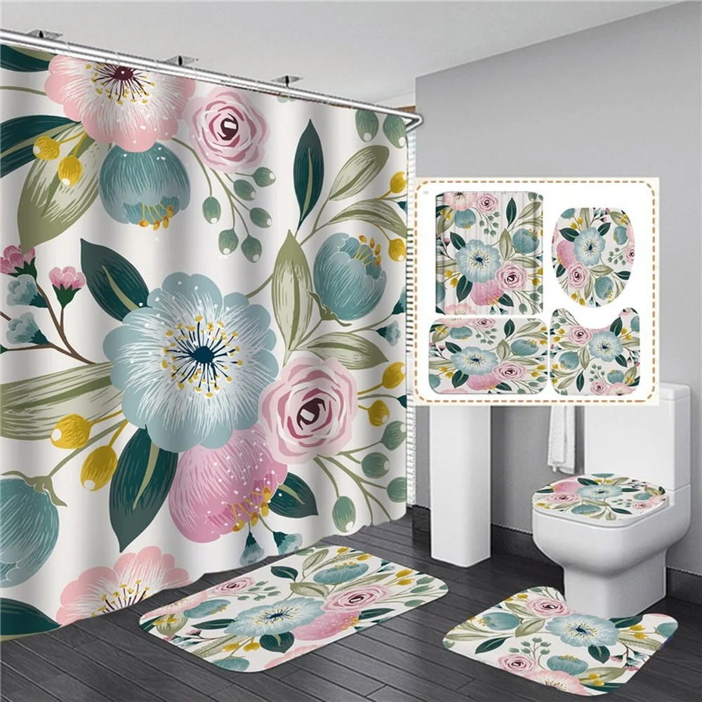 Pink Flowers Rose Elegant Printed Shower Curtain Set Waterproof Women Bathing Bathroom Pedestal Rug Lid Carpet cortina ducha