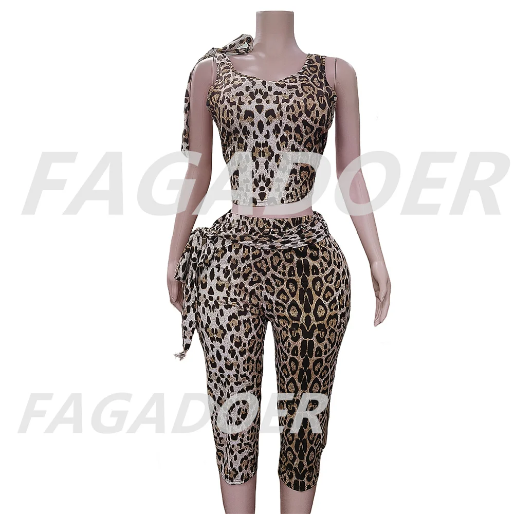 FAGADOER Sexy Leopard Print 2 Piece Sets Women Outfit Sleeveless Bandage Patchwork Crop Top + Pants Suit Female Streetwear 2025