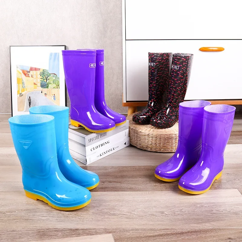 Wholesale Women's Blue Bull Tendon Mid-height Rain Boots Non-slip Fleece Lined Cotton Socks Waterproof Kitchen Long Boots