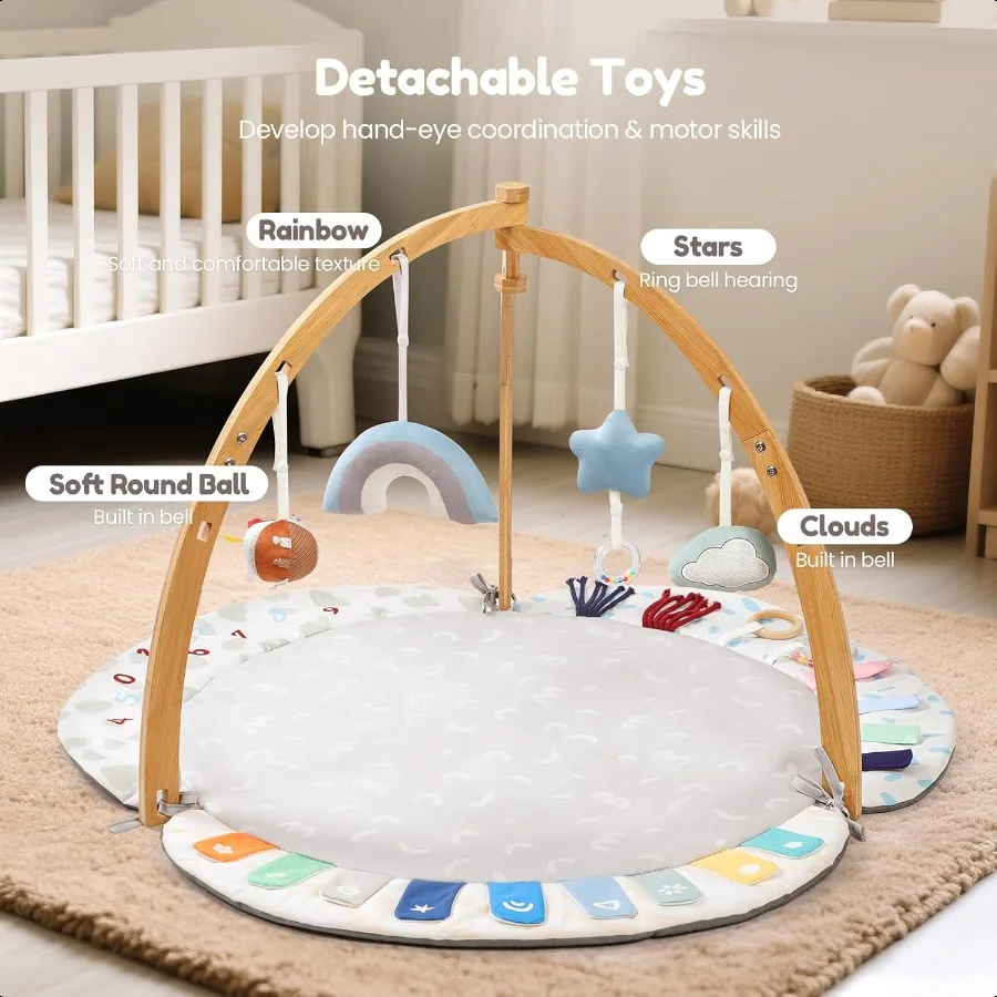 EXIN DECHEN Baby Play Gym Activity Mat إطار من الخيزران العضوي الطبيعي مع 4 ألعاب حسية قابلة للفصل بساط لعب وقت البطن لـ B