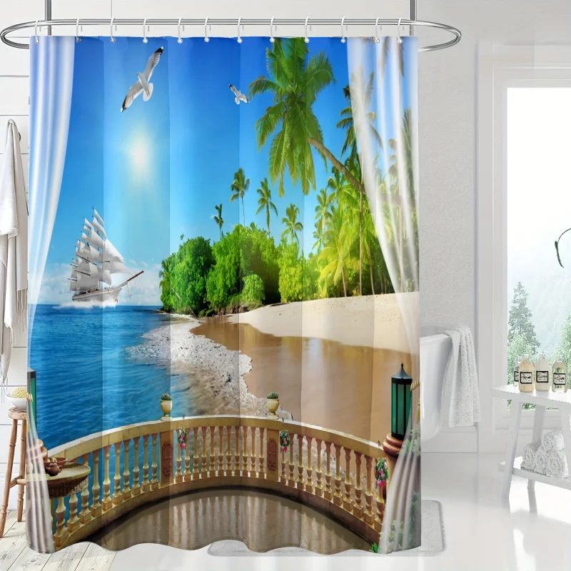 1pc Balcony Beach Pattern , Water-Repellent Shower Curtain Includes Hanging Hooks, Bath Divider, Decorative Bathro