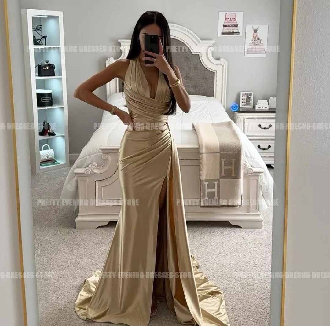 Einfache sexy Abendkleider glatte Satin Meerjungfrau Abschluss ball wächst ärmellose Falte V-Ausschnitt formale Seite Split Party Gala Vestidos