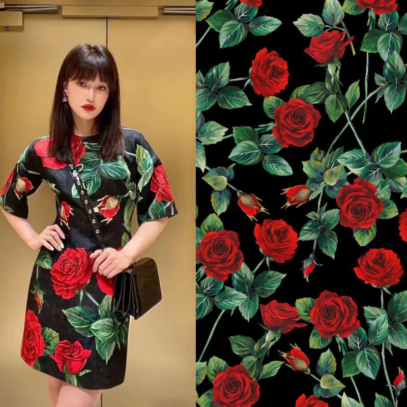 

Жаккардовая или атласная ткань с принтом красной розы для женщин, осеннее платье, пальто, блузка, ткань ручной работы, материал для шитья своими руками