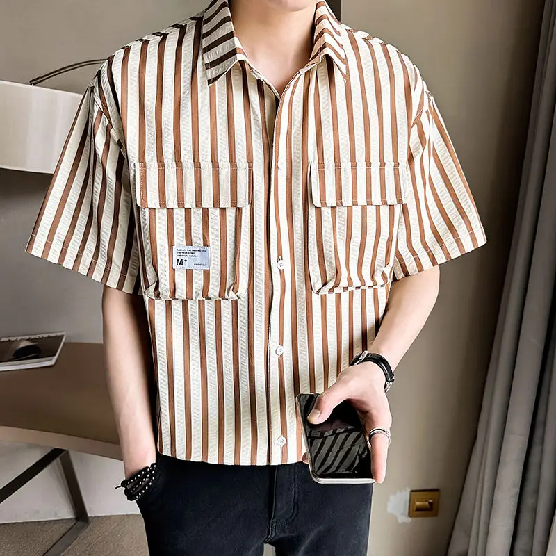 Elegant Fashion Harajuku Slim Fit Ropa Hombre Loose Casual All Match Shirt Pointed Collar Stripe Button Middle Sleeve Blusa