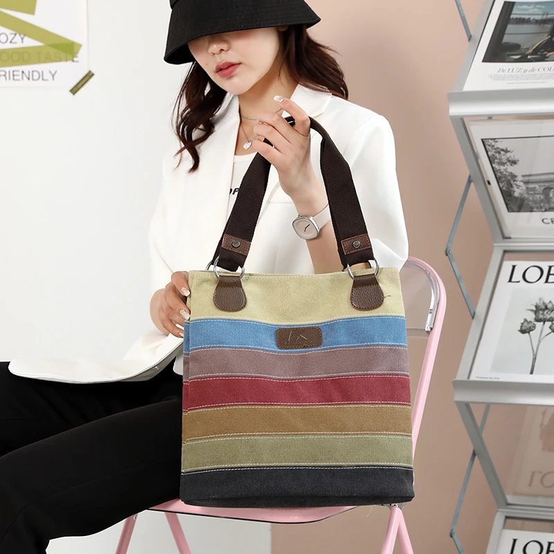 High Quality Women Shoulder Bag Female patchwork Top-Handle Bags Vintage Striped Canvas Bag Ladies Tote Bag Handbags