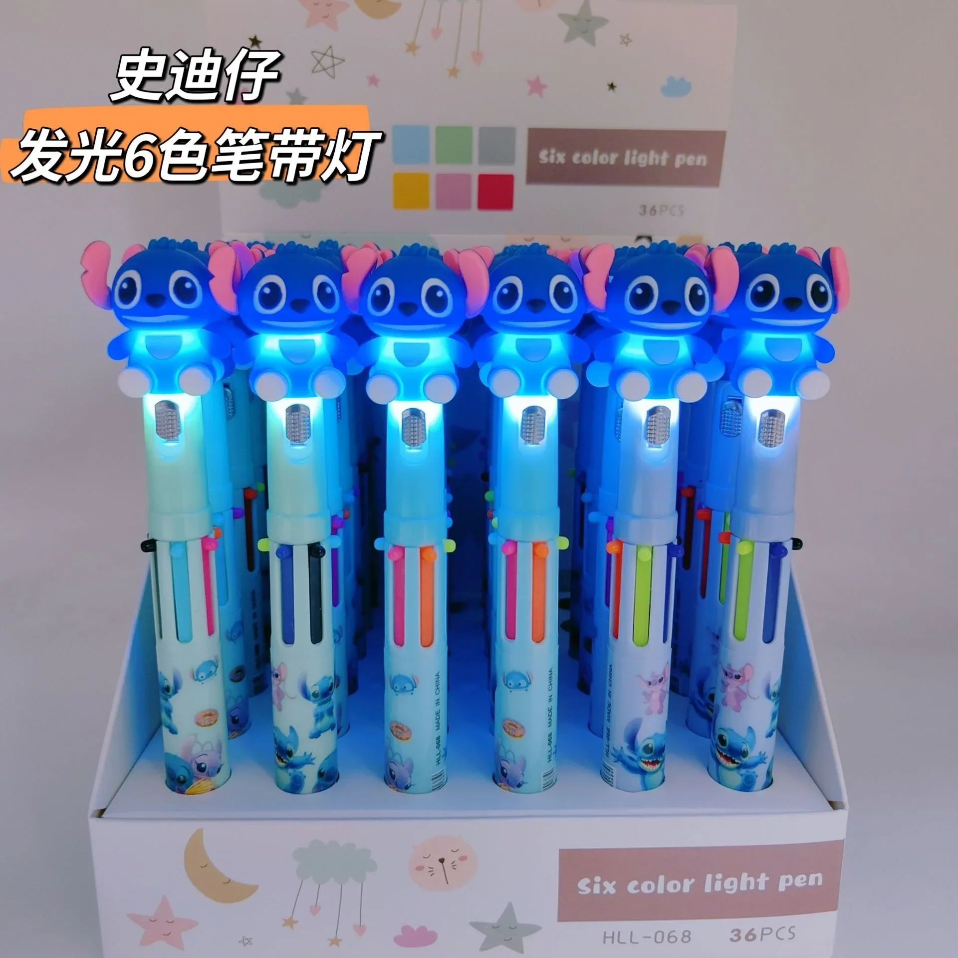 

New Disney Glowing Stitch 6 Colors Pen Cartoon Cute Shape for Student Stationery Back-to-school Season Writing Tools Kids Gifts