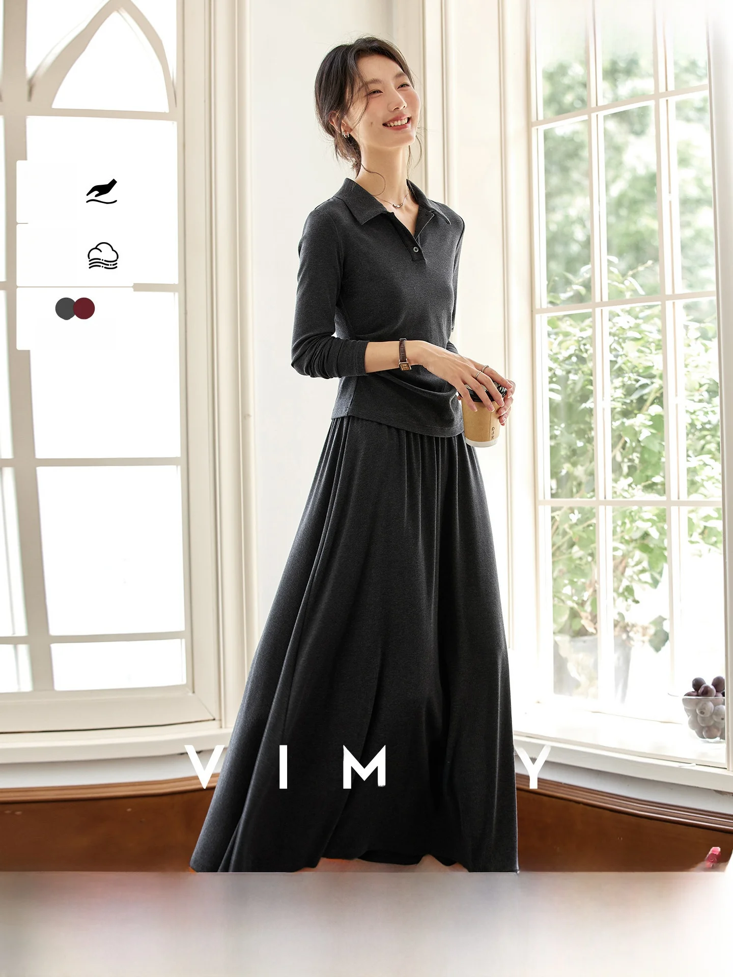 

Elegant Commuter Dark Grey Women's Suit Spring 2026 New Style Turn-down Collar Slimming Top Half-length Umbrella Skirt Two-pi...