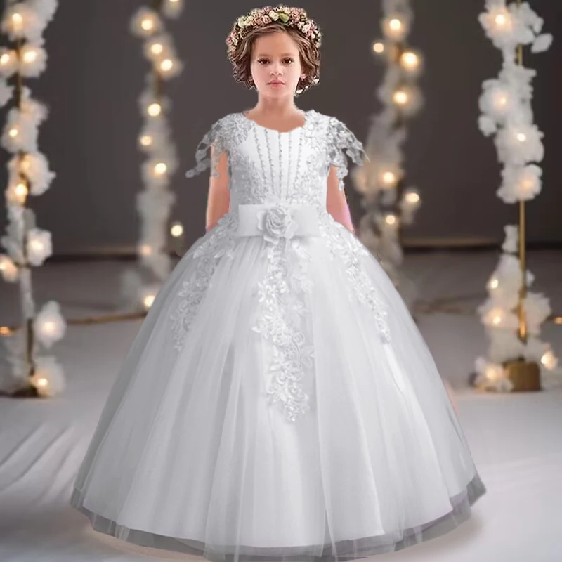 3-10 Year Old Girl Flower Girl Wedding Elegant Evening Dress Birthday Party Mesh Fluffy Sleeves Bow Girl Princess Dress