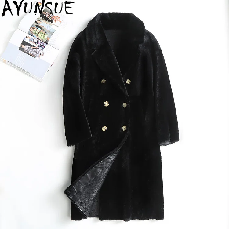 AYUNSUE-Vestes en Fourrure de Mouton Mérinos Naturel pour Femme, Manteau Long en Fourrure group, Style Coréen, Extérieur Chester, Qualité Supérieure, 2023