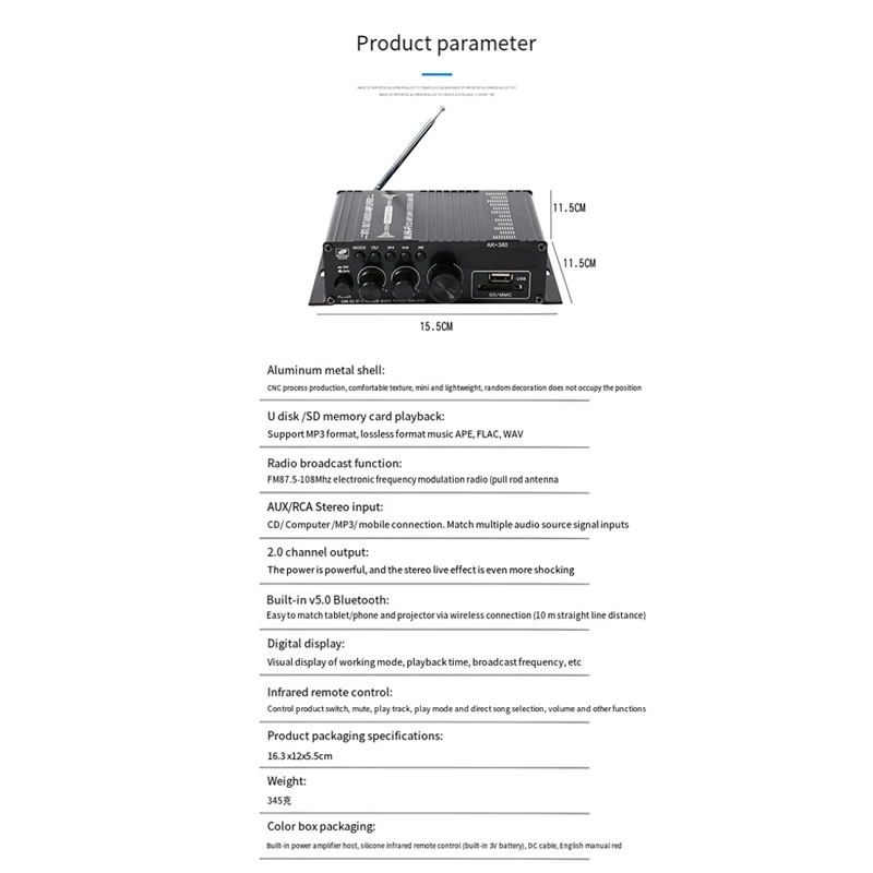 AK380 Bluetooth Amplifier Hifi Audio Karaoke 2 Channel Home Theater Amplifier Power Class D Amplifier USB SD AUX Input