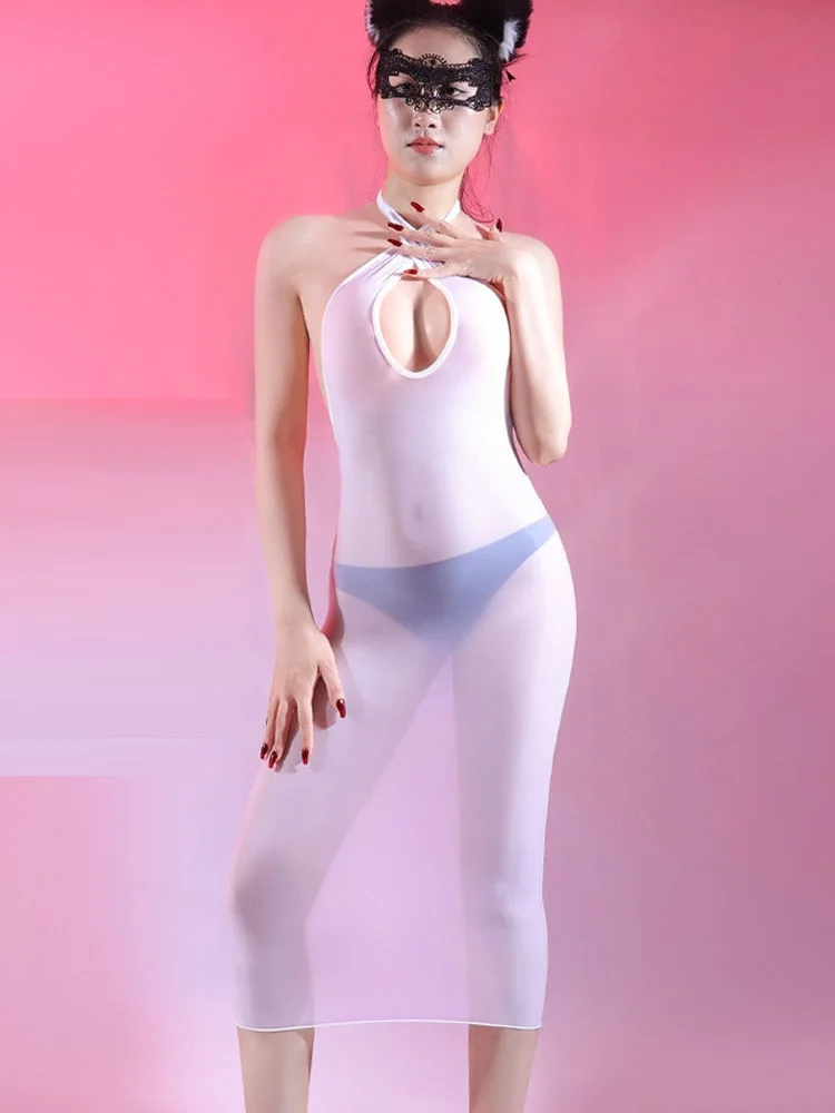 レディース ホルターネック ロングドレス ノースリーブ セクシー 5D 極薄 シースルー シームレス シルキー スムース オイル グロッシー 高伸縮性