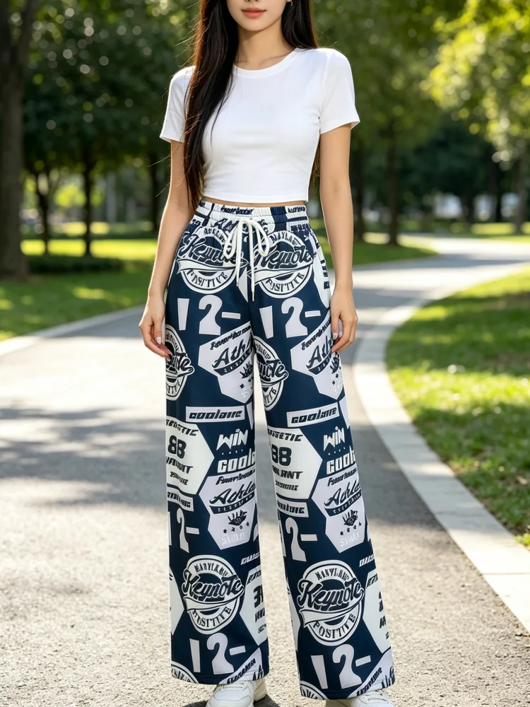 Wide Leg Pants Women Elastic Waist Drawstring Letter Print Loose Long Trousers Casual Street Daily Wear