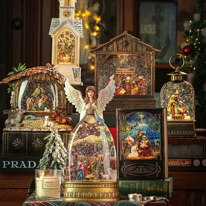 

Christmas Snow Globe Music Box with Angel Church Design Rotating Holiday Decor with Light and Music for Home Nice Gift Idea