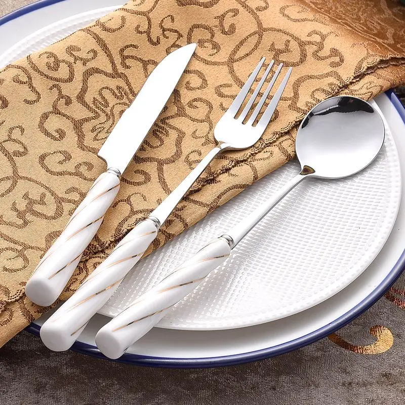 Stainless Steel Western Dining Utensils Set Spoon Fork Knife Ceramic Bowl Gift Box Threaded Design Home Living Dining Set
