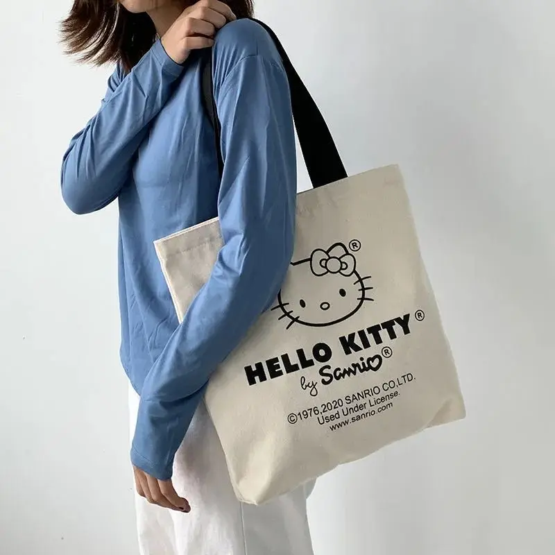 Hello Kitty Sanrio Canvas Shoulder Bag Fashion Tote High Capacity Casual Print Anime Handbag Ladies Reusable Shopper Tote Bag