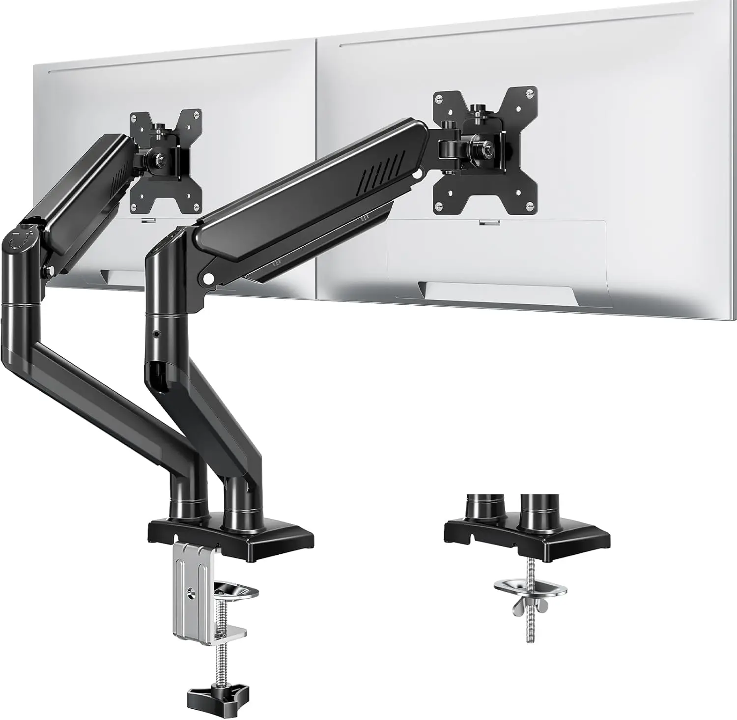 

Dual Monitor Stand for 32 Inch Screens, Adjustable Height & Full Motion Arms, VESA Mount Compatible