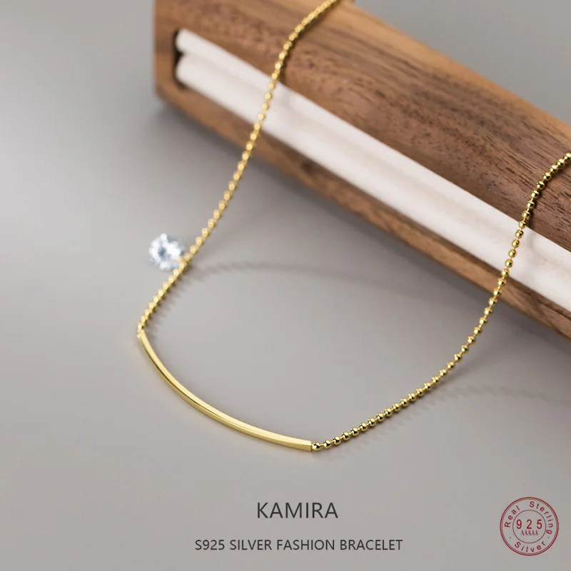 KAMIRA Real 925 Sterling Silver Simple Vintage Beads Geometric Bar Zircon Anklet for Women Summer Beach Sexy Charm Fine Jewelry
