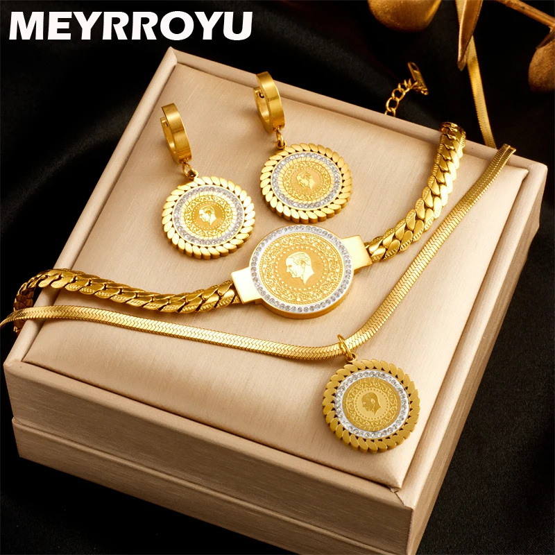 

MEYRROYU 316L Stainless Steel Jewelry Set Necklace Bracelet Earrings Round Portrait Pendant For Women New Trend Gift Accessories