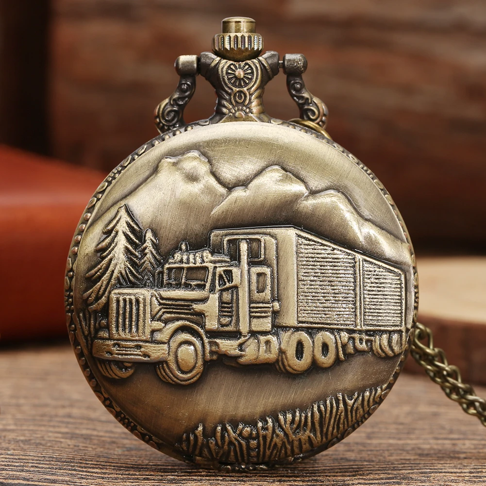 Vintage Steampunk Big Truck Decor Pocket Watches Quartz Analog Pendant Necklace Pocket Clock Christmas New Year Gift Unisex