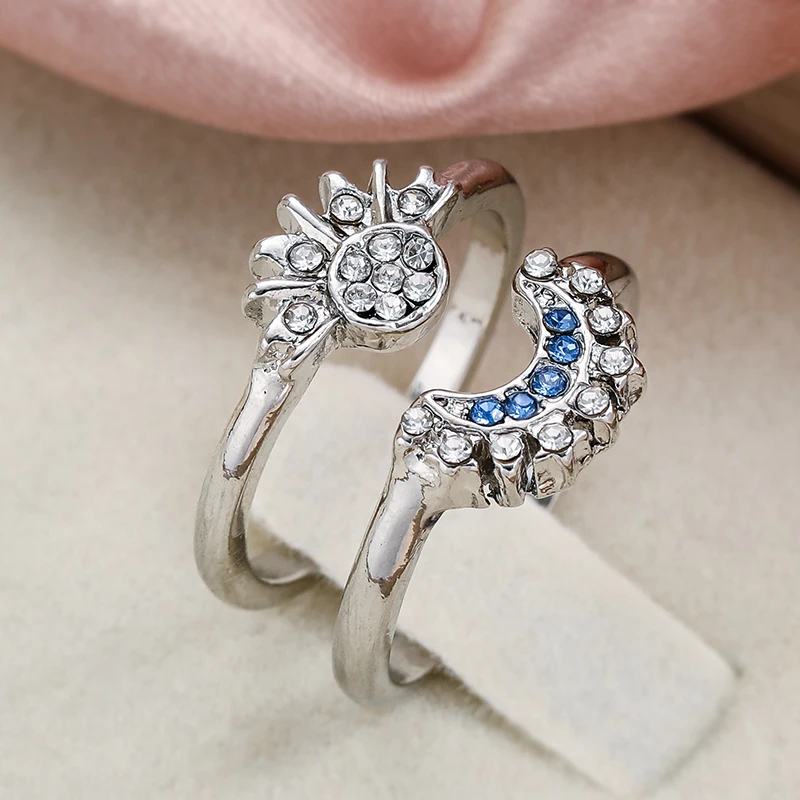 2pc/set Summer Couple Ring Set Sky Blue Sparkling Moon and Sun Ring 2023 New Women\'s Stackable Finger Set Engagement Jewelry