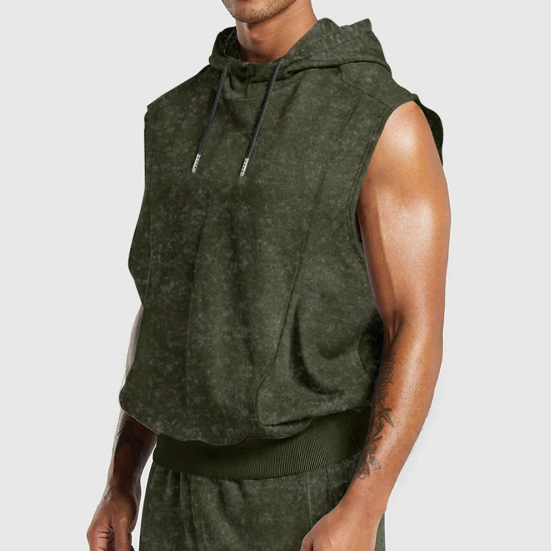 Men's European and American Street Fashion Fashion Old Print Floral Sleeveless Hooded Sleeveless Top