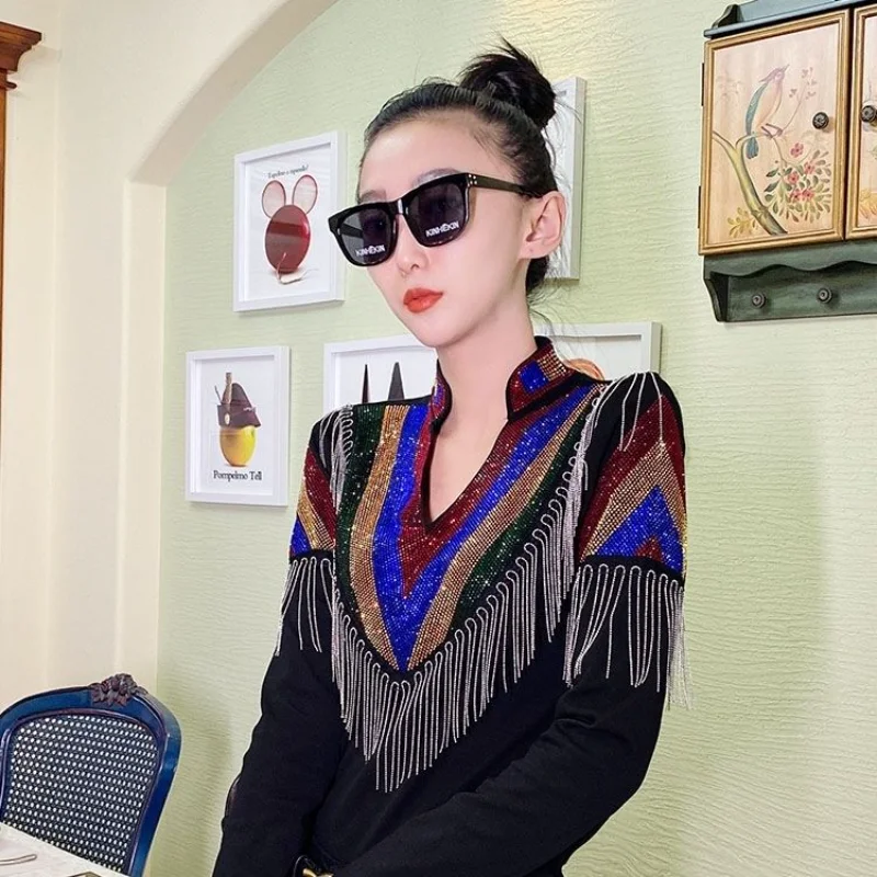 

Women T-shirt Spring Autumn Cotton Heavy-duty Hot Stamping High Elasticity Tassel V-neck Long Sleeved Base T-shirt for Women